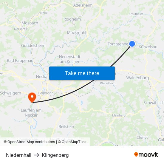 Niedernhall to Klingenberg map
