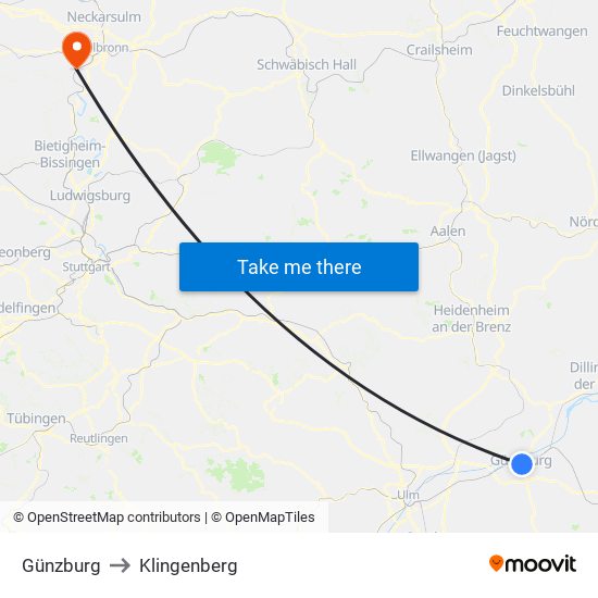 Günzburg to Klingenberg map
