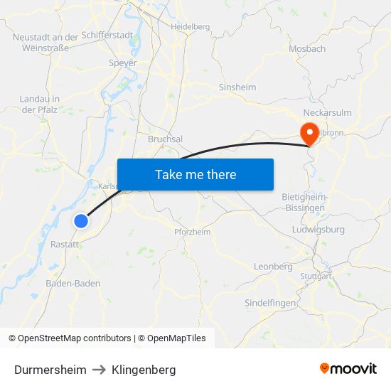 Durmersheim to Klingenberg map