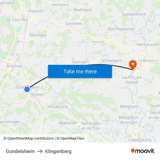 Gondelsheim to Klingenberg map