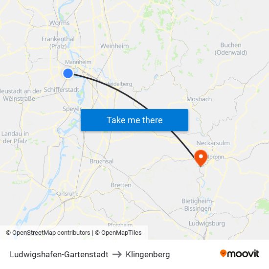 Ludwigshafen-Gartenstadt to Klingenberg map