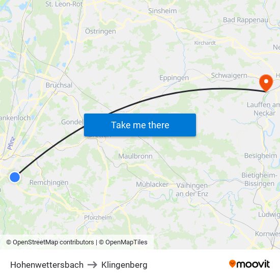 Hohenwettersbach to Klingenberg map