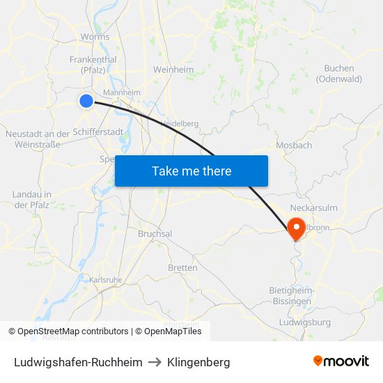 Ludwigshafen-Ruchheim to Klingenberg map