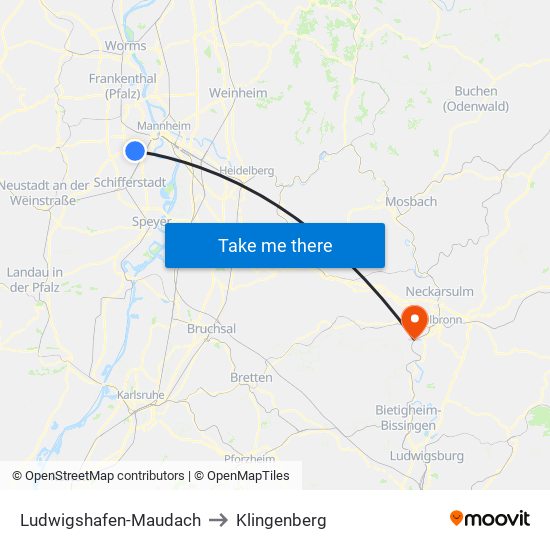 Ludwigshafen-Maudach to Klingenberg map