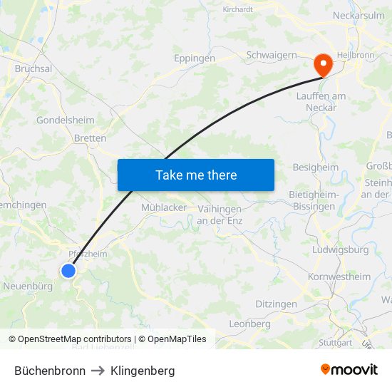 Büchenbronn to Klingenberg map