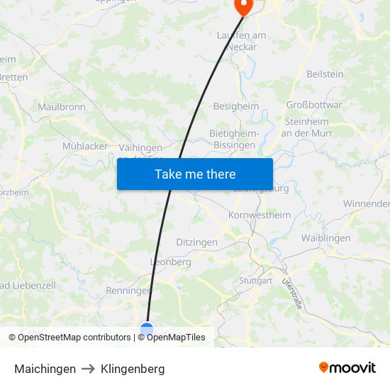 Maichingen to Klingenberg map