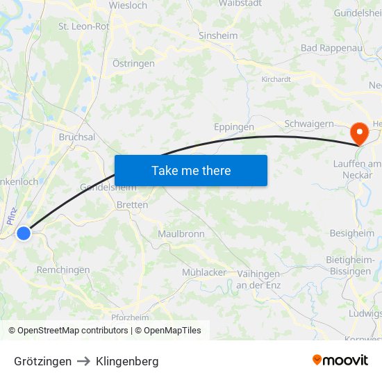 Grötzingen to Klingenberg map