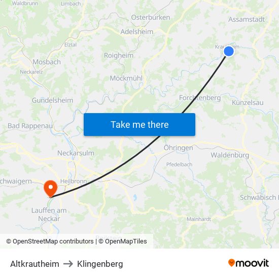 Altkrautheim to Klingenberg map