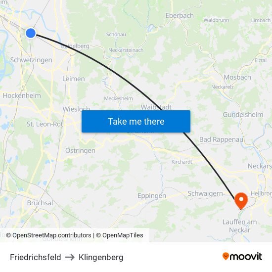 Friedrichsfeld to Klingenberg map
