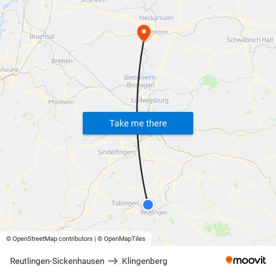 Reutlingen-Sickenhausen to Klingenberg map