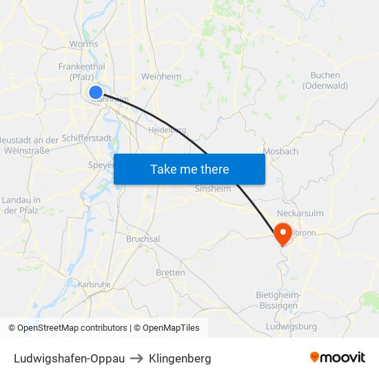 Ludwigshafen-Oppau to Klingenberg map