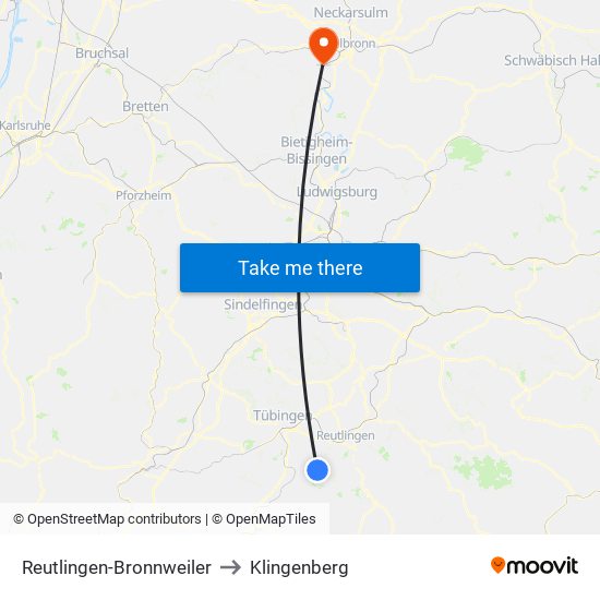 Reutlingen-Bronnweiler to Klingenberg map
