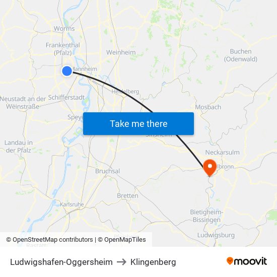 Ludwigshafen-Oggersheim to Klingenberg map