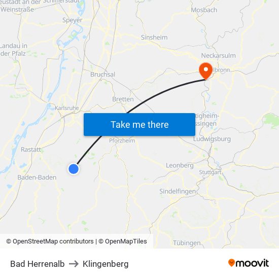 Bad Herrenalb to Klingenberg map