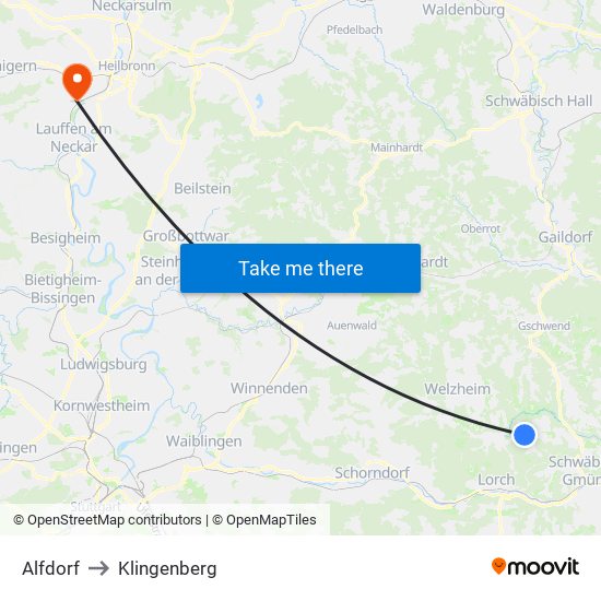 Alfdorf to Klingenberg map