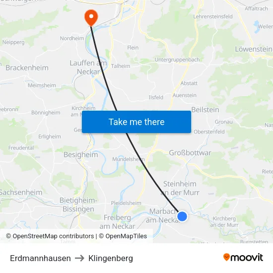Erdmannhausen to Klingenberg map