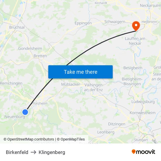 Birkenfeld to Klingenberg map