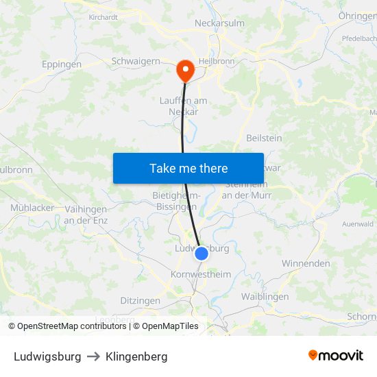 Ludwigsburg to Klingenberg map