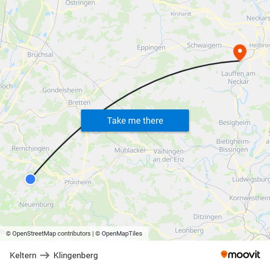 Keltern to Klingenberg map
