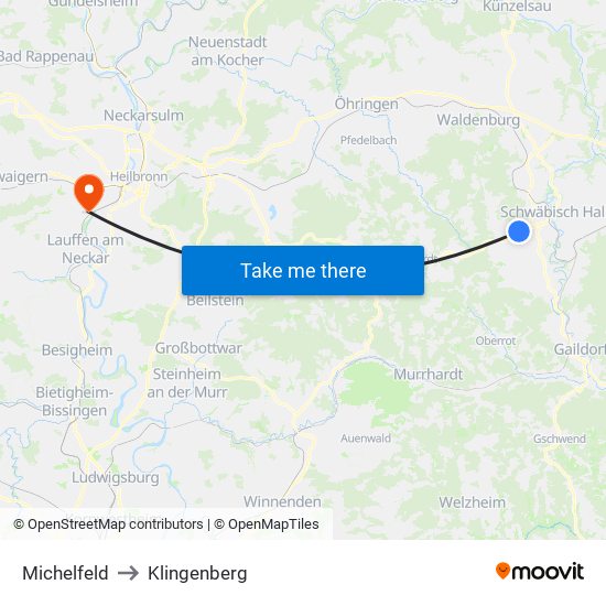 Michelfeld to Klingenberg map