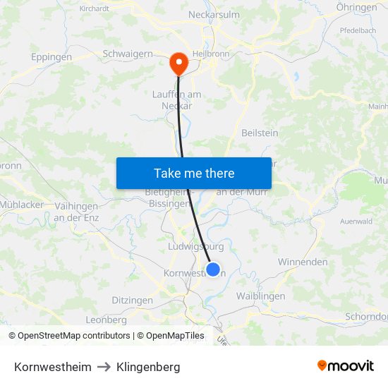 Kornwestheim to Klingenberg map