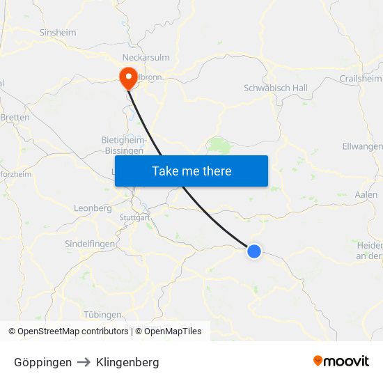 Göppingen to Klingenberg map