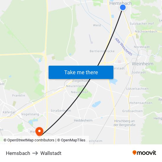 Hemsbach to Wallstadt map