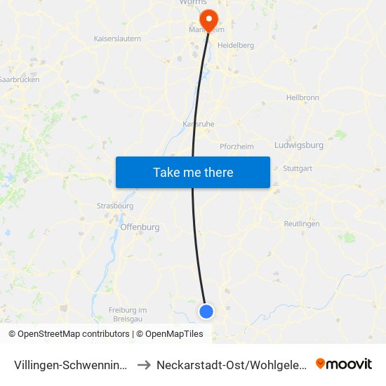 Villingen-Schwenningen to Neckarstadt-Ost/Wohlgelegen map