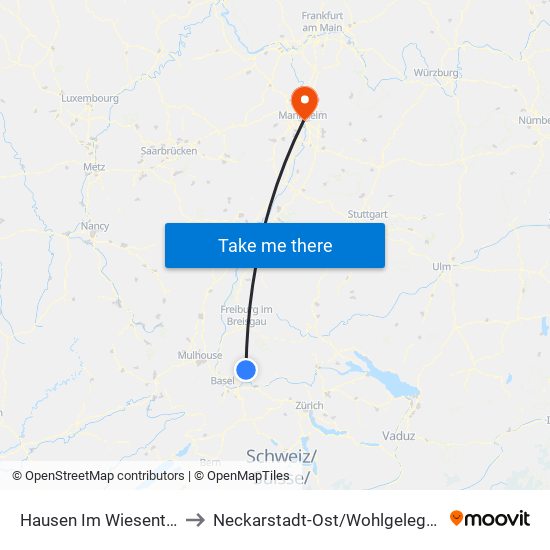 Hausen Im Wiesental to Neckarstadt-Ost/Wohlgelegen map