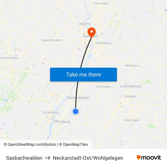 Sasbachwalden to Neckarstadt-Ost/Wohlgelegen map