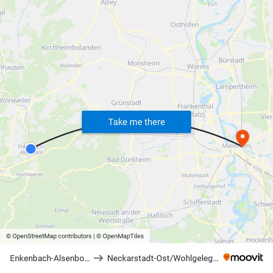 Enkenbach-Alsenborn to Neckarstadt-Ost/Wohlgelegen map