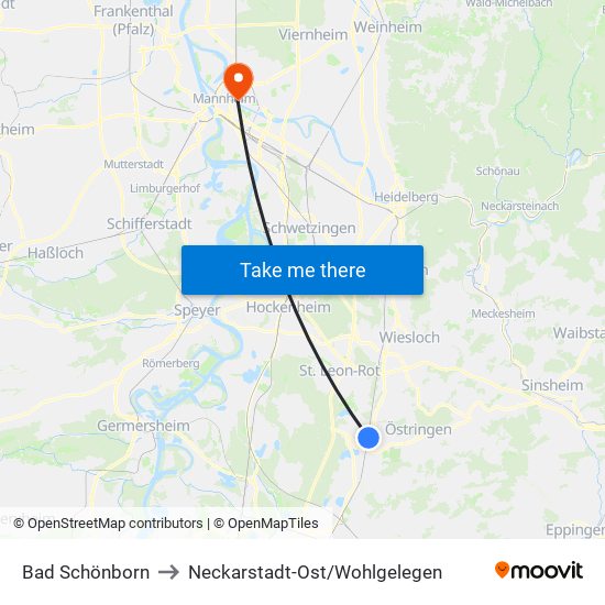 Bad Schönborn to Neckarstadt-Ost/Wohlgelegen map