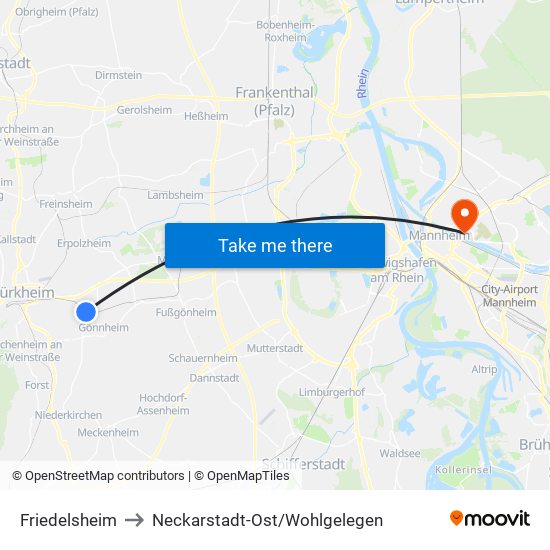 Friedelsheim to Neckarstadt-Ost/Wohlgelegen map