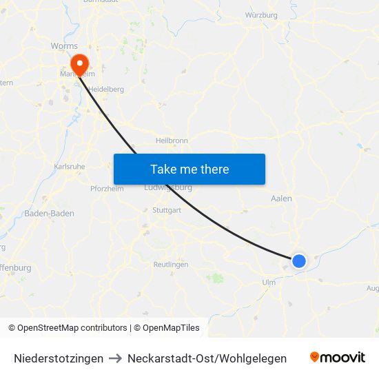 Niederstotzingen to Neckarstadt-Ost/Wohlgelegen map