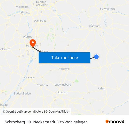 Schrozberg to Neckarstadt-Ost/Wohlgelegen map