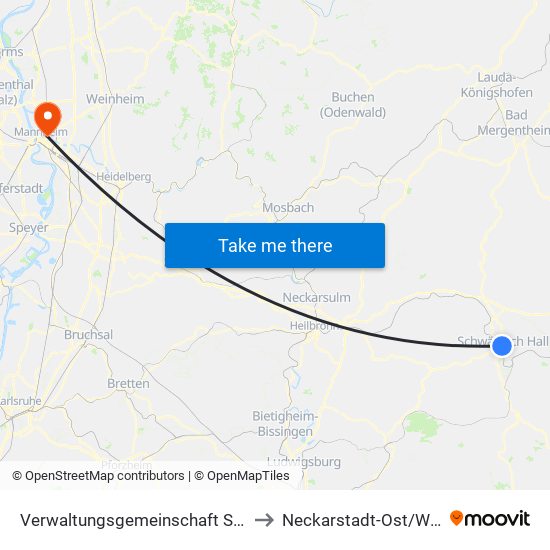 Verwaltungsgemeinschaft Schwäbisch Hall to Neckarstadt-Ost/Wohlgelegen map