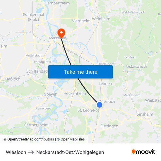 Wiesloch to Neckarstadt-Ost/Wohlgelegen map