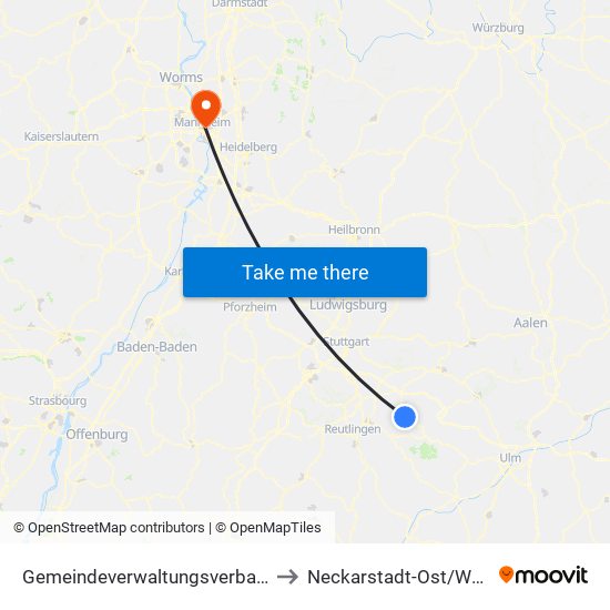 Gemeindeverwaltungsverband Lenningen to Neckarstadt-Ost/Wohlgelegen map