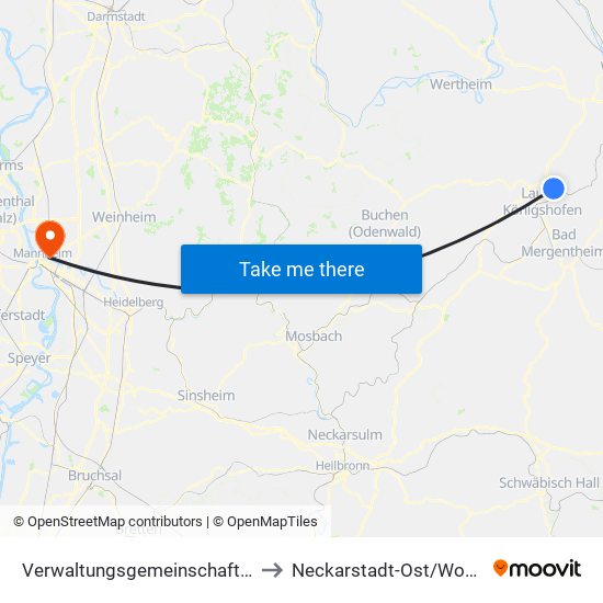 Verwaltungsgemeinschaft Grünsfeld to Neckarstadt-Ost/Wohlgelegen map