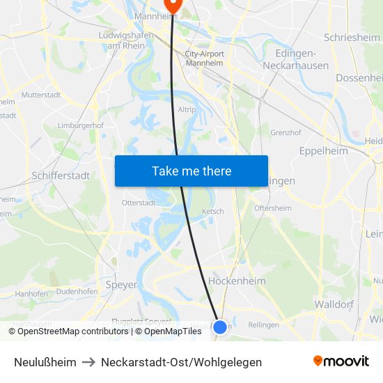 Neulußheim to Neckarstadt-Ost/Wohlgelegen map