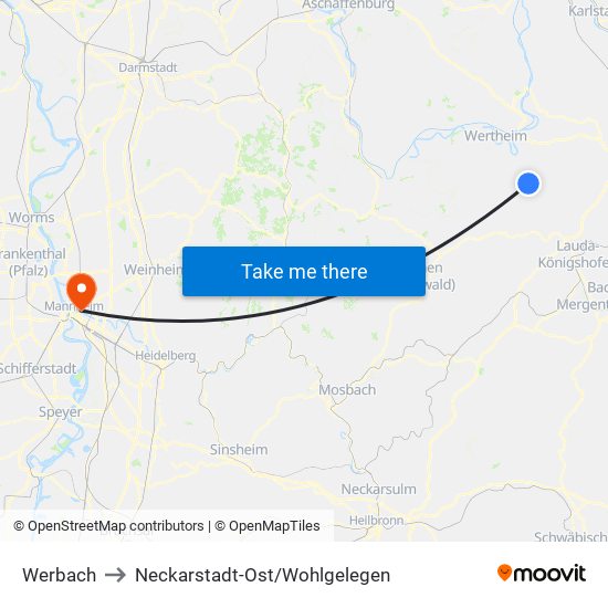 Werbach to Neckarstadt-Ost/Wohlgelegen map