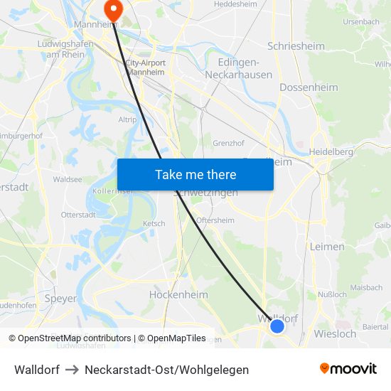 Walldorf to Neckarstadt-Ost/Wohlgelegen map