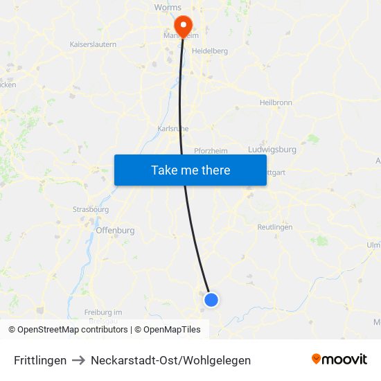 Frittlingen to Neckarstadt-Ost/Wohlgelegen map