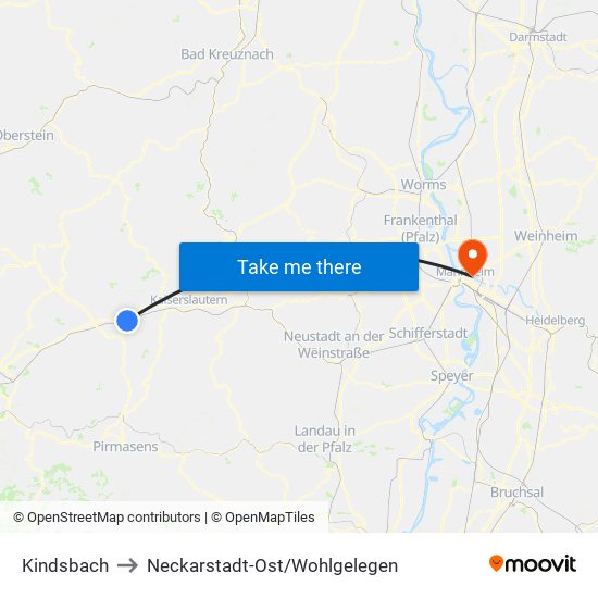 Kindsbach to Neckarstadt-Ost/Wohlgelegen map