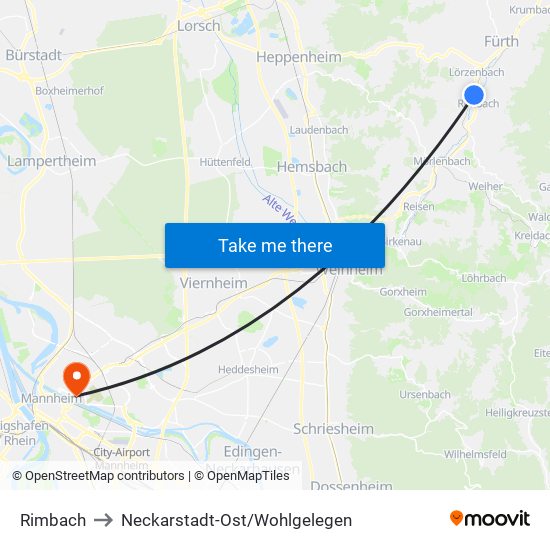 Rimbach to Neckarstadt-Ost/Wohlgelegen map