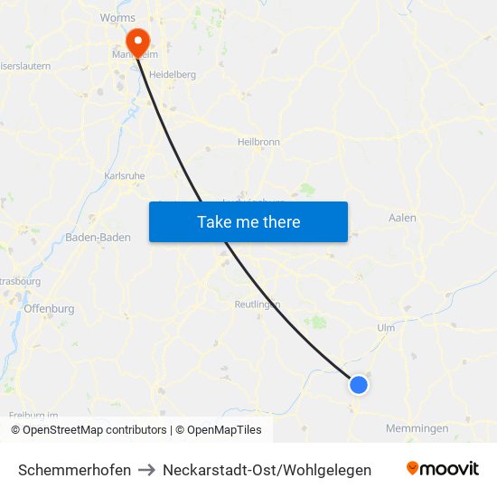 Schemmerhofen to Neckarstadt-Ost/Wohlgelegen map