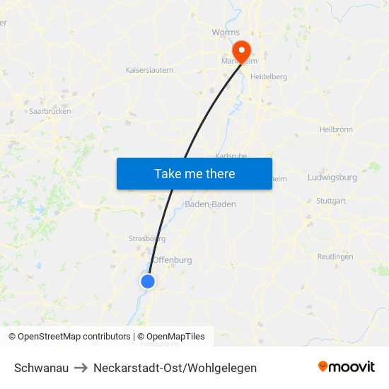 Schwanau to Neckarstadt-Ost/Wohlgelegen map