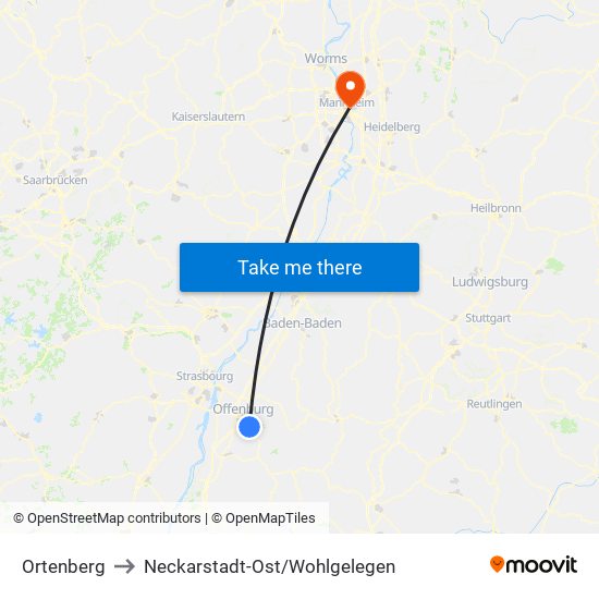 Ortenberg to Neckarstadt-Ost/Wohlgelegen map