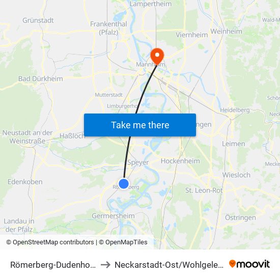 Römerberg-Dudenhofen to Neckarstadt-Ost/Wohlgelegen map