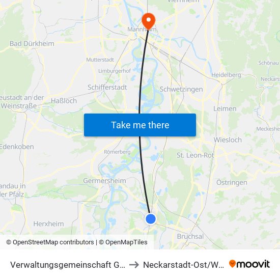 Verwaltungsgemeinschaft Graben-Neudorf to Neckarstadt-Ost/Wohlgelegen map